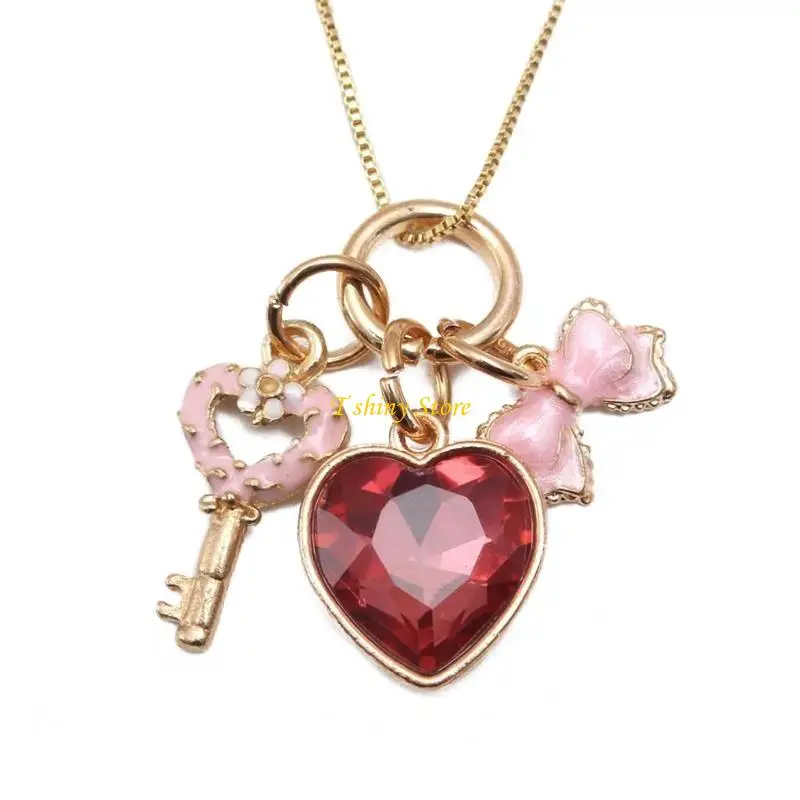 N58F Lovely Heart Shaped Pendant Necklace Lovely Peach Heart Charm Chain Neckwear