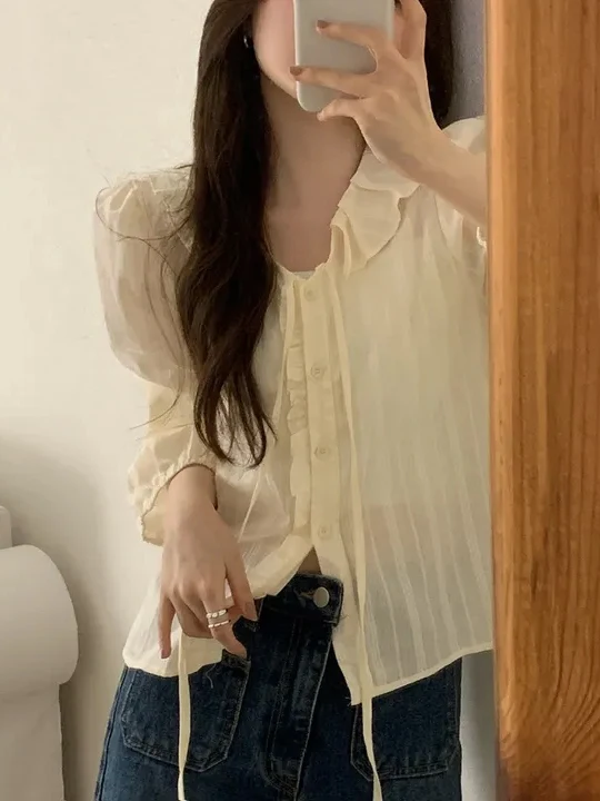 

Ele Fairy T Sle Long Sve irt with Bowtie Princ Collar Bubble Sves Spring New Arrival Women's Faion Top