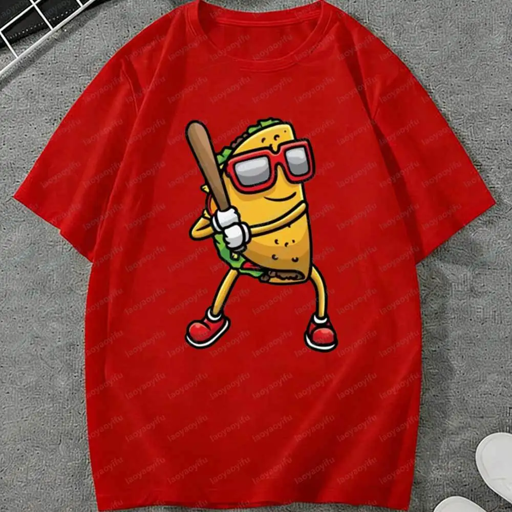 Cinco De Mayo Baseball Taco T-Shirt Cartoon Taco with Baseball Bat Fiesta Graphic Tee Unisex Cotton Short Sleeve Casual Tops Tee