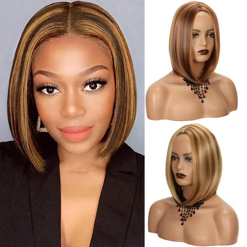 

New European and American style middle-parted bobo women's short straight hair , slightly wavy, heat-resistant synthetic wig,