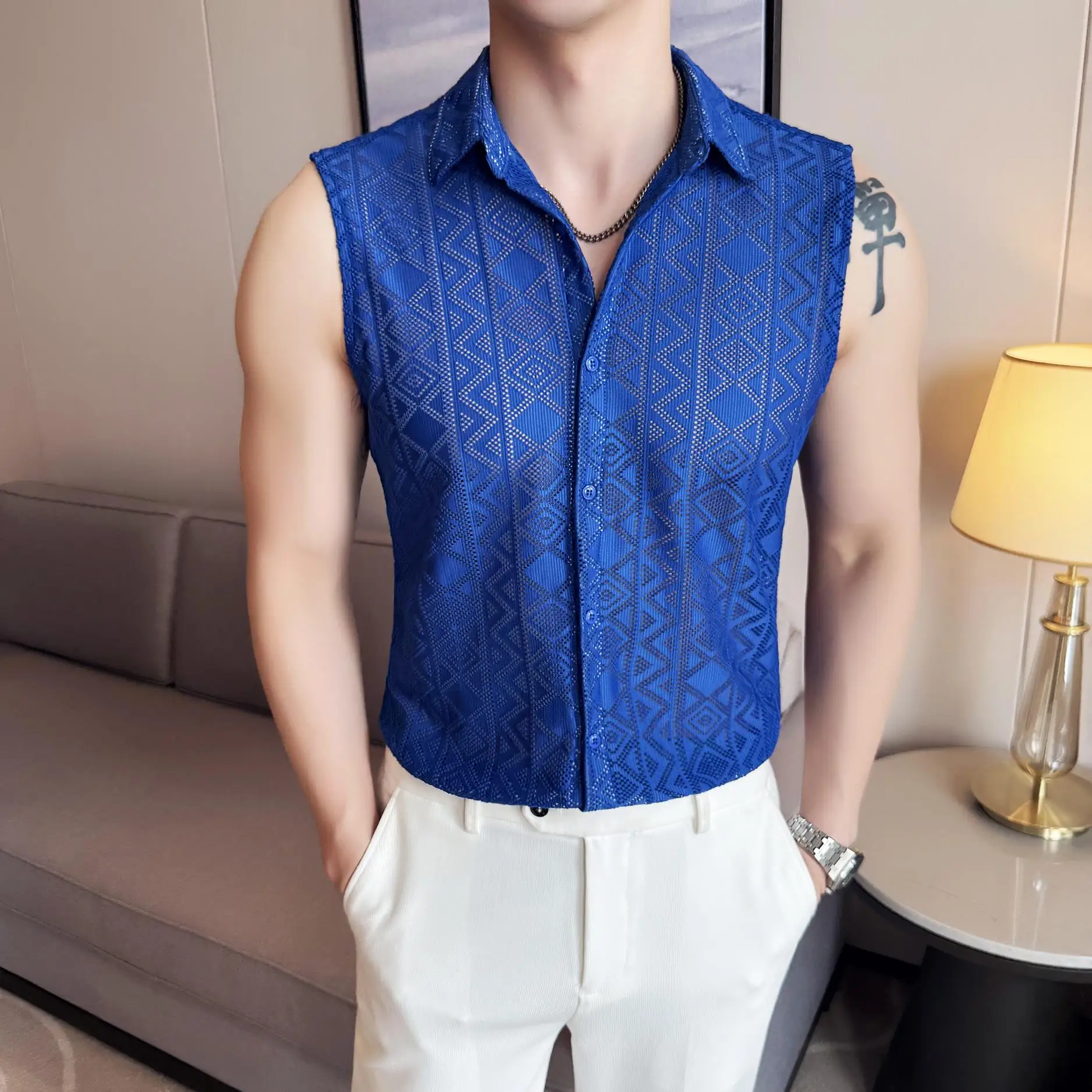 Summer Hollow Vest Shirt Men Fashion Casual No Ironing Sleeveless Shirt Casual Social Nightclub Shirts Streetwear Men Clothing