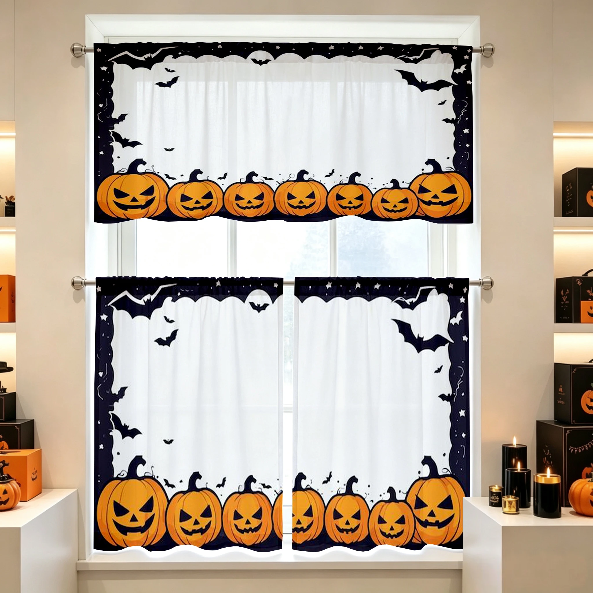 Halloween Fall Kitchen Curtains, Pumpkin Bat Border, Digital Print, Kitchen Dining Room, Rod Pocket Polyester, Home Decor