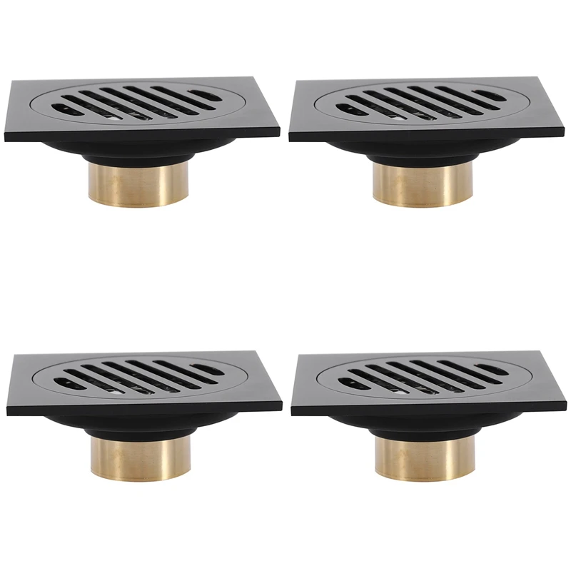 4X 4 Inch Square Shower Drain With Removable Cover Grate, Brass Anti Clogging And Odor Point Floor Drain Assembly