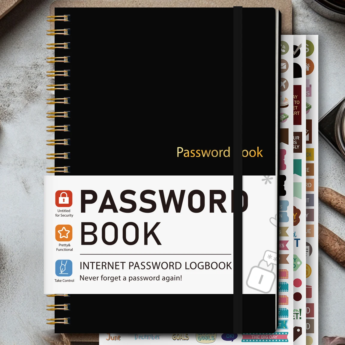 

A5 Password Book with Spiral Binding, Elastic Band & Stickers, Website Username Password Log Notebook