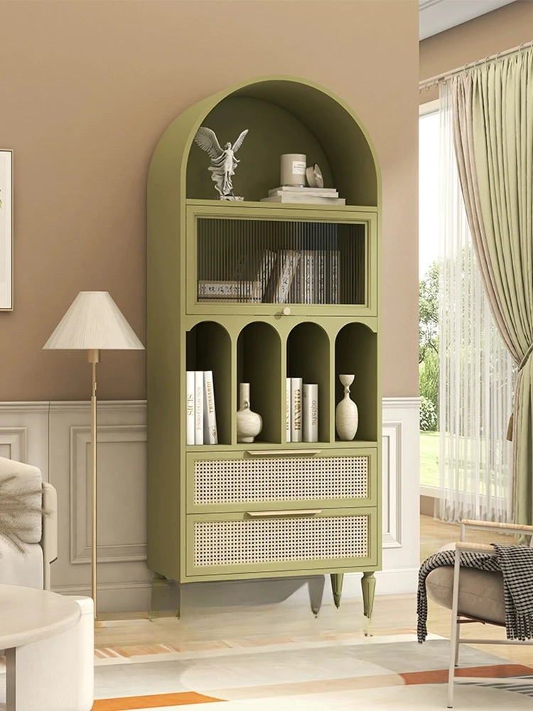 

American-Style Solid Wood Arched Changhong Glass Bookcase Light Luxury Rattan Restaurant Floor Storage Display Cabinet