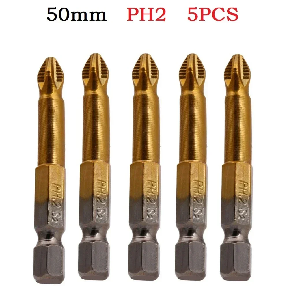 5Pcs Titanium Coated Screwdriver Bit Set PH2 50mm 1/4