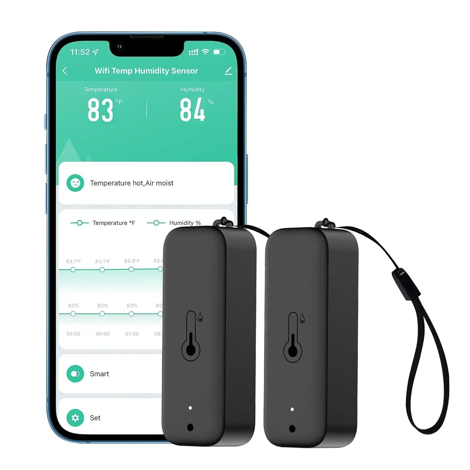 

Умный Wi-Fi термометр-гигрометр с оповещениями через приложение, хранением данных, для комнат, теплиц, винных погребов (комплект из 2 шт., черный)