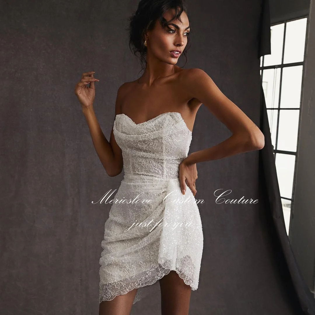 Merioslove Boho Mini abiti da sposa Appliques di pizzo senza maniche abiti da sposa civili Beach abito da sposa corto 2024