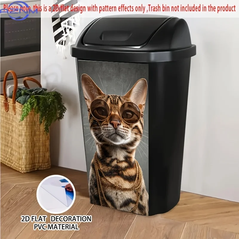 2D/FLAT, Cool Tabby Cat with Shades and Golden Chains Self-Adhesive Dustbin Stickers, 14.57×32.28inch, Stylish Brown-striped C