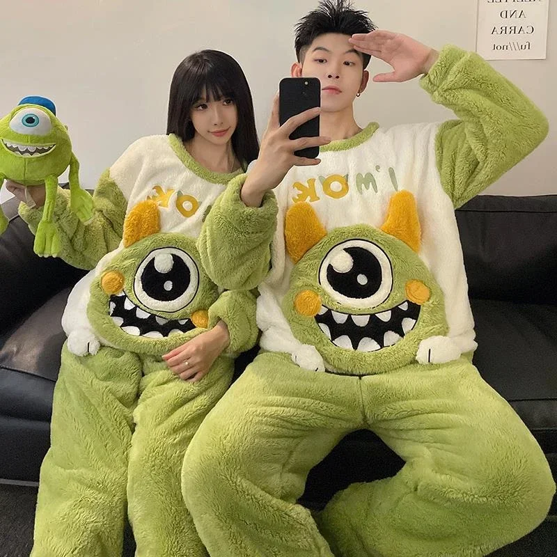 Disney Stitch winter new coral fleece pajamas couple cartoon animation three-eyed monster thickened loungewear set