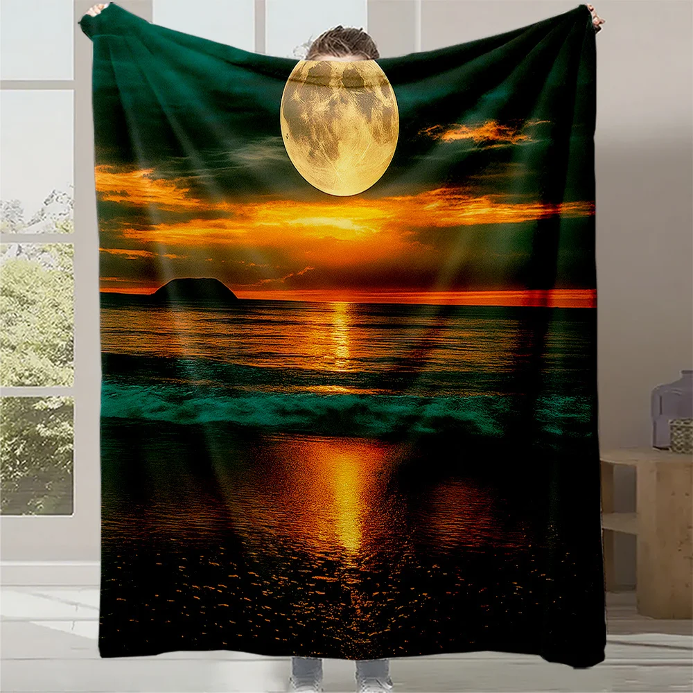 1pc Monet-Inspired Impressionist Sunrise Sunset Moon Seascape Plush Blanket - Green & Golden Ocean Waves with Turquoise to Deep