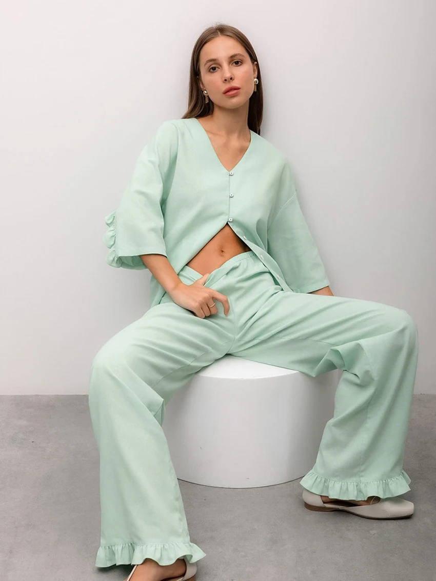 

Marthaqiqi Casual Ladies Pajama 2 Piece Suit Long Sleeve Sleepwear Sexy V-Neck Nightgown Pants Loose Winter Female Nightwear Set