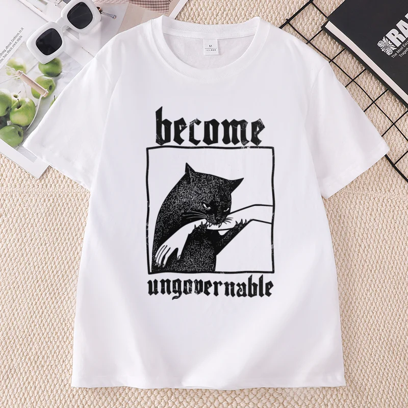 Become Ungovernable Funny Graphic Cat Biting Hand T-shirt Graphic Tee Comfort Cotton Short Sleeve Round Neck Tees