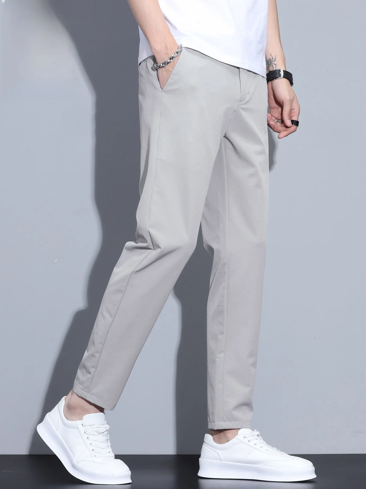 

Мужские повседневные брюки из ледяного шелка, летние, модные, цветные, укороченные, зауженные, с узким низом