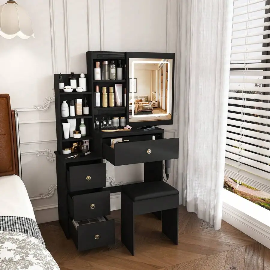 29.13'Black LED Vanity Desk With 4 Drawers, Open Storage Shelves, Makeup Table With Hair Dryer Holder Power Socket & Dressing Ch