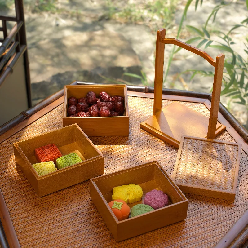 Scatola di bambù cinese a tre strati per picnic, scatola di frutta, snack portatile, piatto di frutta, scatola di immagazzinaggio portatile per set da tè