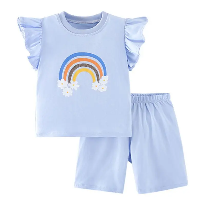 2Pcs Kids Clothes Cute Cartoon Rainbow Print Ruffles Sleeve Top+Solid Shorts Child Cotton Comfortable Set Pajama Homewear Suit