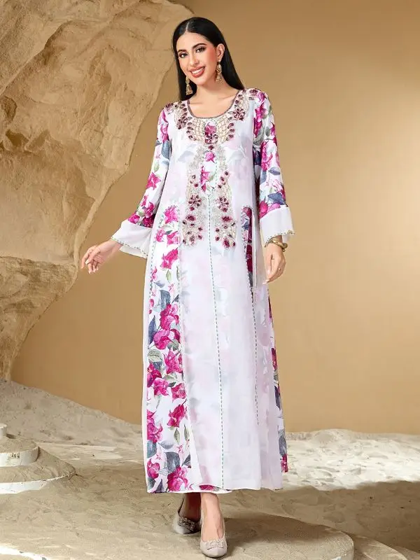 

Arabian Printed Long Dr Hand Sewn Diamo Dubai Sle Indonesian Dr A-Line Skirt Loose Waist Summer Autumn Women Dr