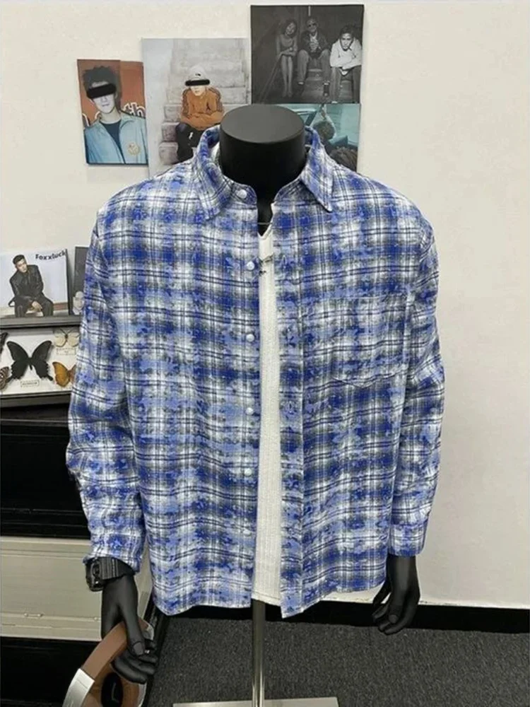 

Blue Plaid Long Sleeve Men's Shirt Autumn Winter Flocking Small Fragrance Style Dyed Shirt American Retro Tie Dye Jacket