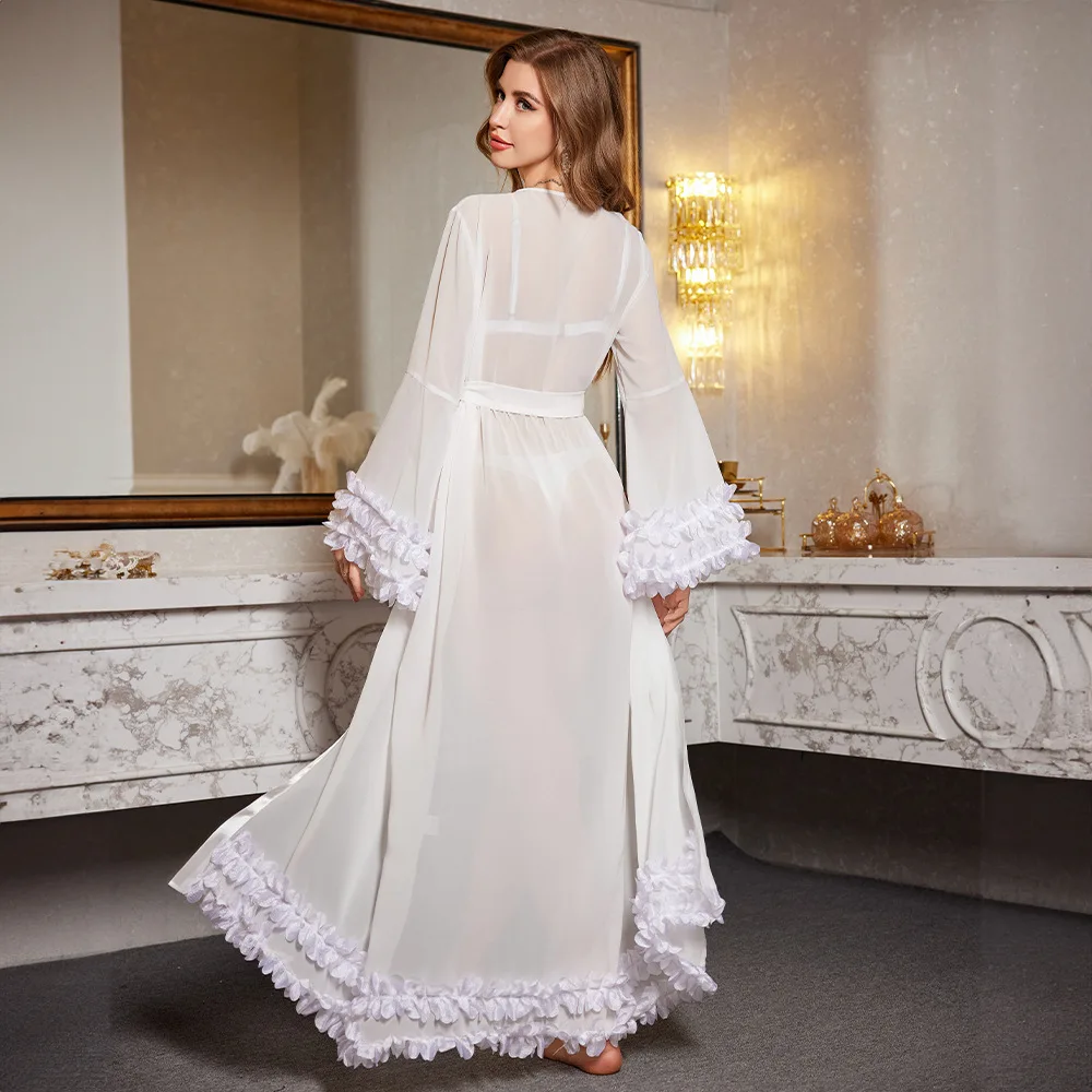 White Silk Satin Bride Wedding Long Robe Sexy Lace Applique Kimono Bathrobe Home Dress Loose Casual Women's Sleepwear