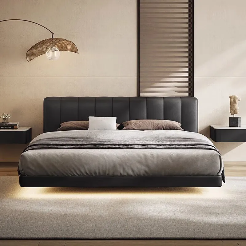 Italian leather bed solid wood suspension bed modern simple 1 high-end large 1.8m primary and secondary bedroom flush double bed