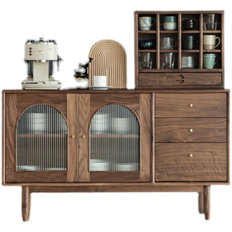 

Nordic black walnut dining side cabinet Japanese-style living room storage bar integrated wall glass wine cabinet