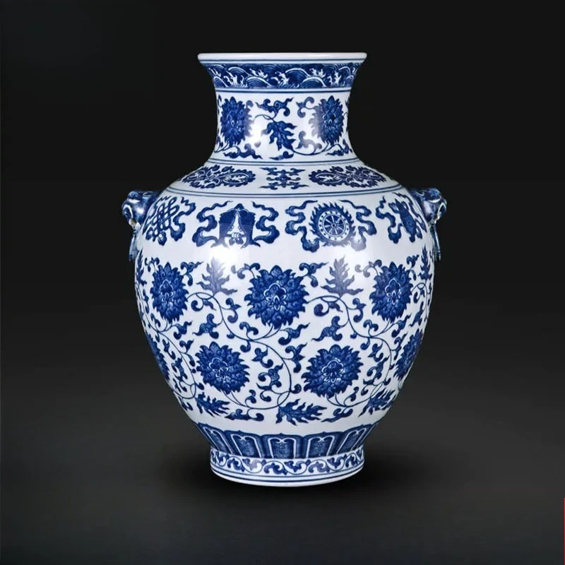 Hand Painted Blue White Double Ear Ceramic Vase, Interlocking Lotus Pattern, Chinese Decor for Living Room & Curio Shelf