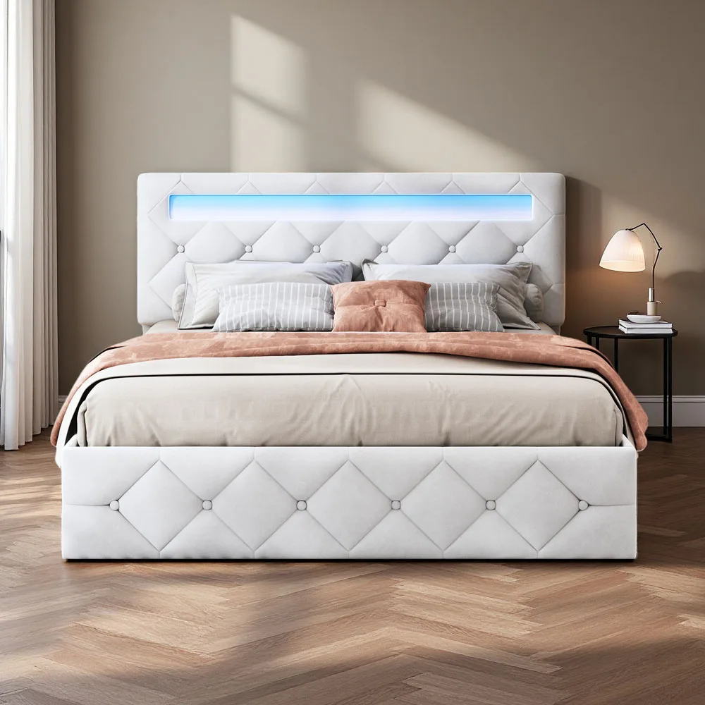 Camas Superaly, Cama Hidráulica para Adultos con Espacio de Almacenamiento y Somier de Láminas, Cabecero con LED, Cama Doble Tapizada, 140/160x200cm