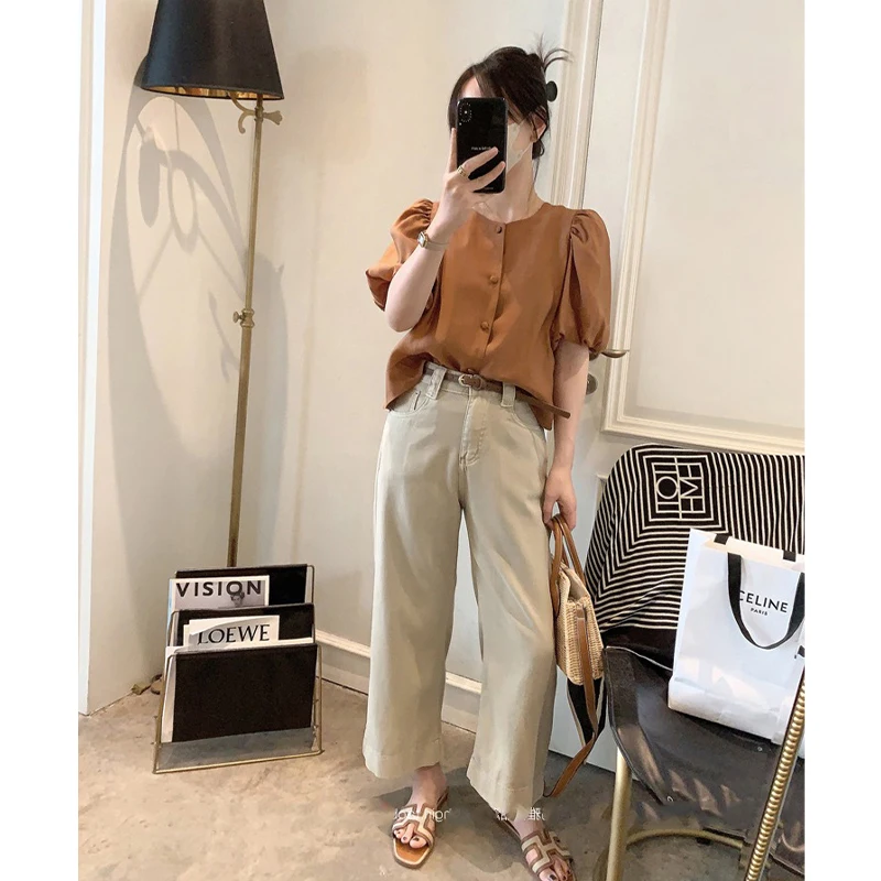 Fashionable round Neck Bubble Sleeve Shirt Summer Style Ageless Commute Friendly Chiffon Top Korean Version Straight Cut