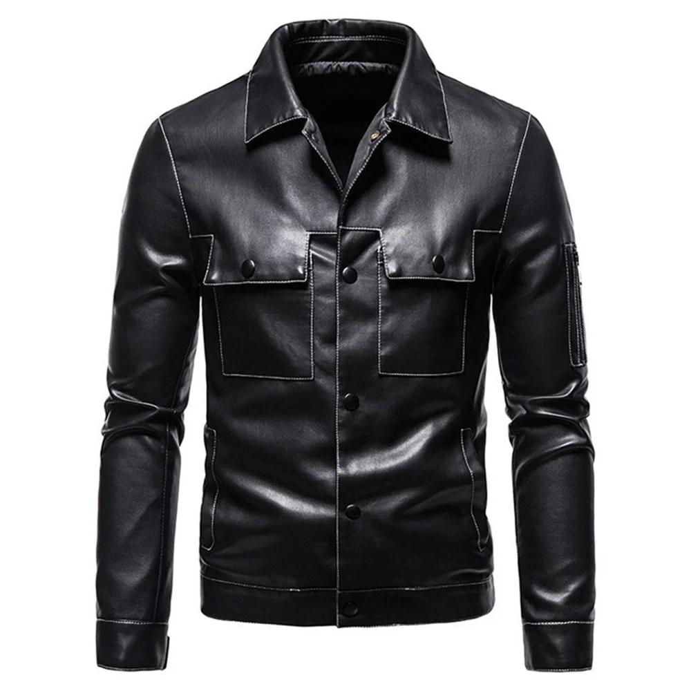 Autumn New British Black Lapel Leather Motorcycle Leather Casual Leather Jacket