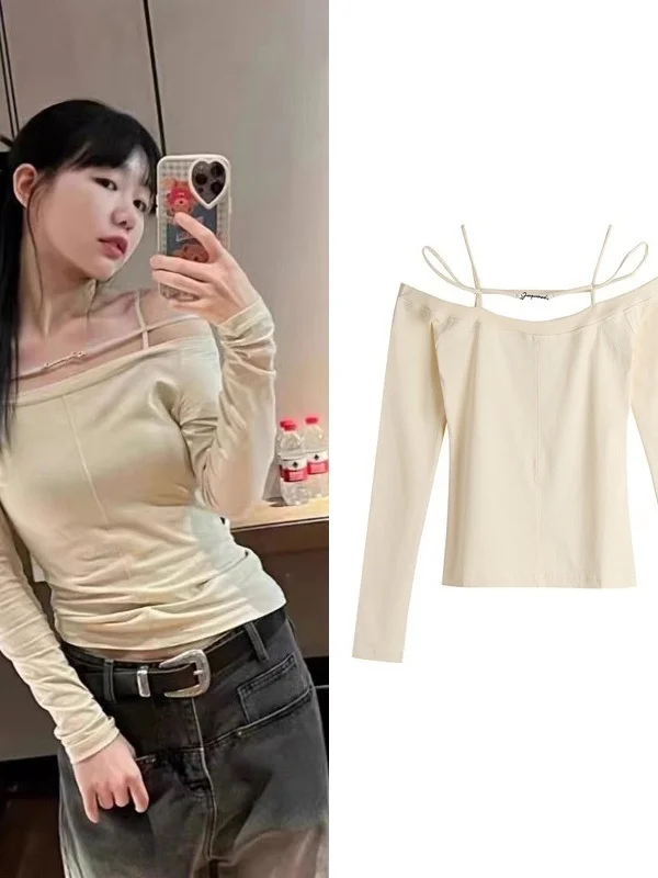 

Sexy Shoulder Bared Long Sleeve Black T-shirt Women's Base Shirt Lockbone Trendy Streetwear Comfortable Knitted Soft Fabric