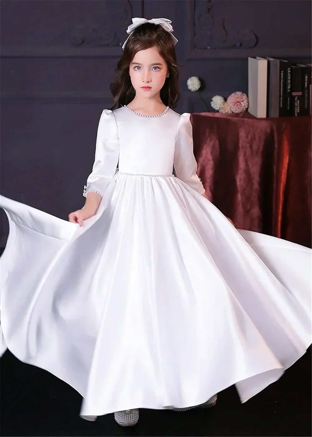 Custom Flower Girl Dress Wedding Party Pageant Catwalk Long Sleeve Pearl White Satin Kids Gown فساتين اطفال