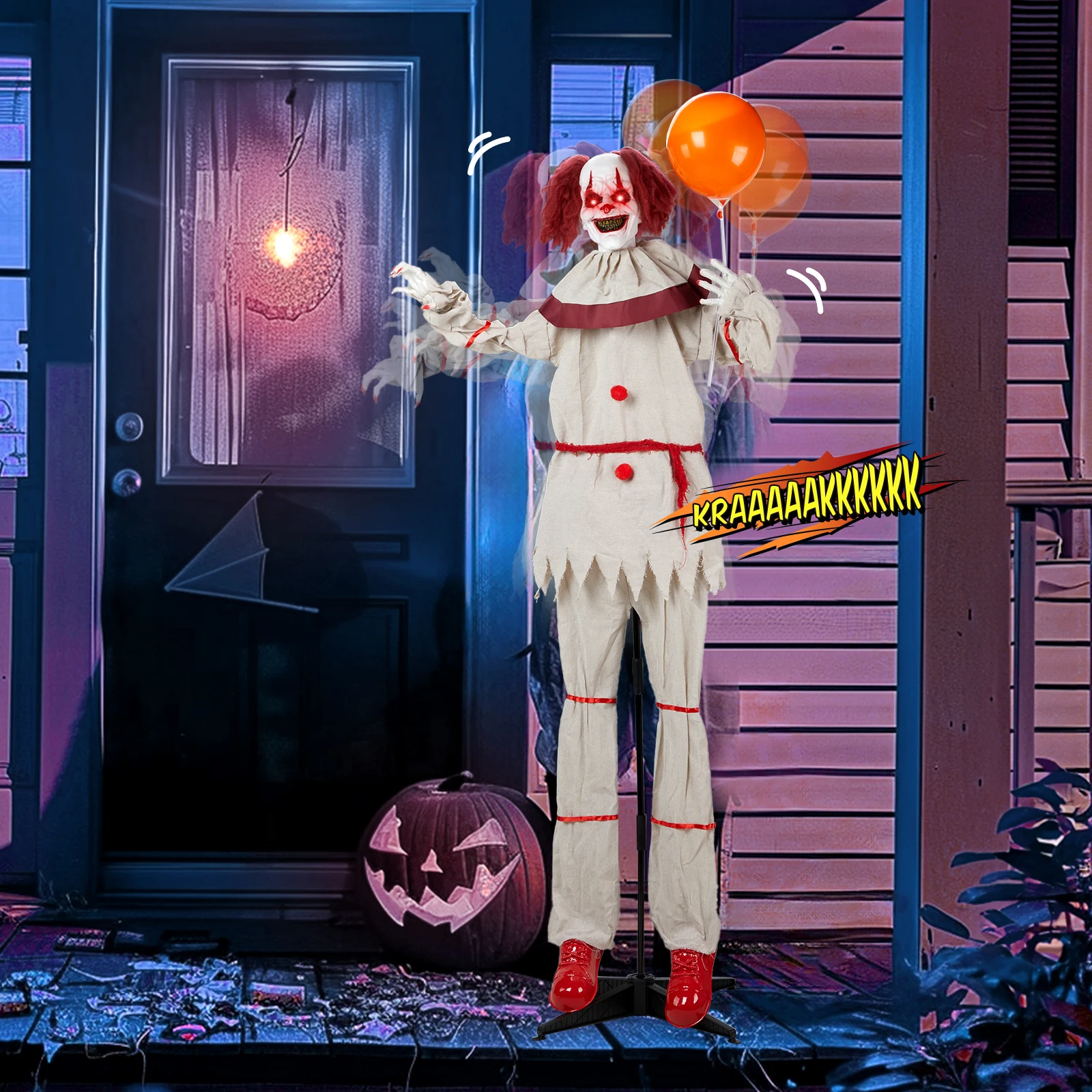 

5.7ft Red eyes, Voice Control，Joker and Balloon，Halloween Standing Decoration Outdoor