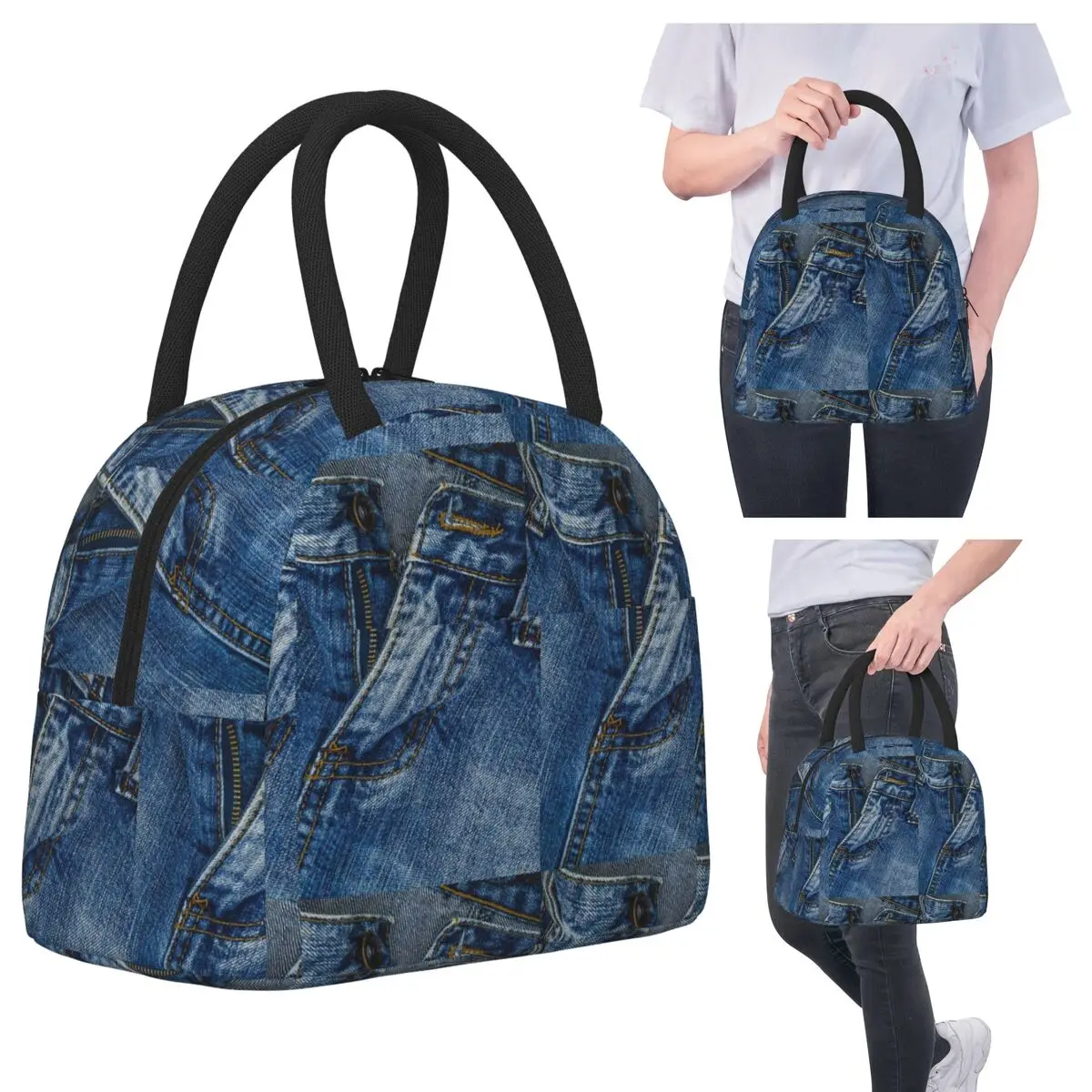 

Clothes Button Diagonal Up I Love Bluejeans Denim Insulated Lunch Bag for Women Thermal Food Box Tote Portable Lunch Boxes