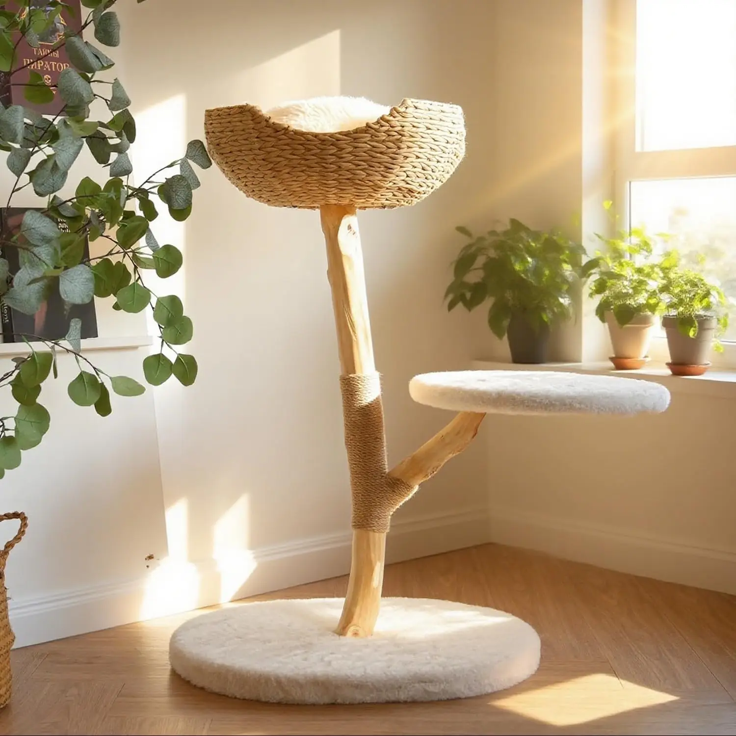Indoor Cat Tree, Natural Pear Wood, No Specified Color, Luxury with Scratching Post & Hanging Toy Ball