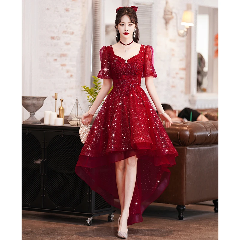 Wine Red High Low Prom Dresses 2022 Elegant Sweetheart Luxury Appliques Shiny Glitter Tulle Short Front Long Back Wedding Party