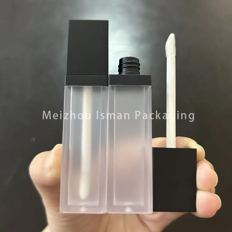 50Pcs luxury frosted square liptint bottle empty plastic matte black top lip gloss wand tubes with brush with stopper 7ml