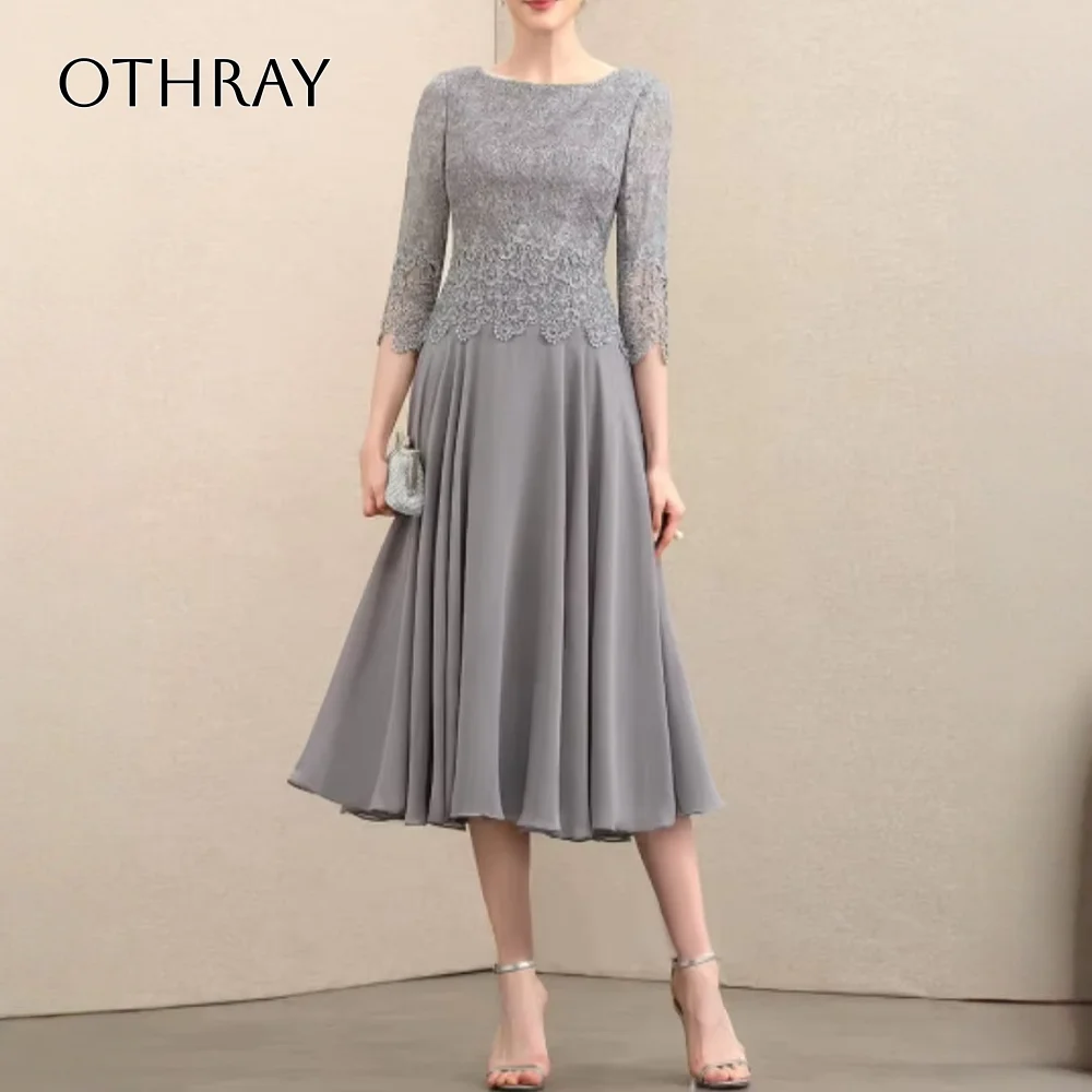 

Lace Appliques Ruffles Tea-Length Wedding Guest Prom Dress Mom Gown Scoop Neck A-Line Mother of the Bride Dresses 3/4 Sleeve