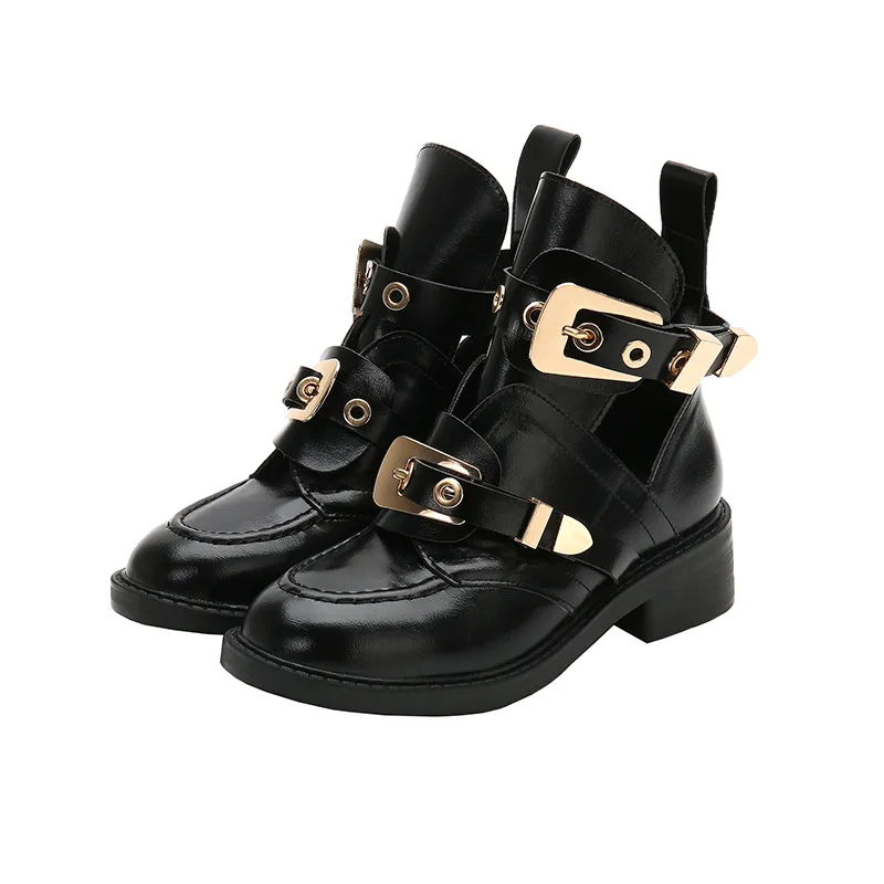 Brand Designer Women Hollow Out Ankle Boots Metal Buckle Cow Genuine Leather Shoes High Top Block Heels Casual Motorcycle Boots