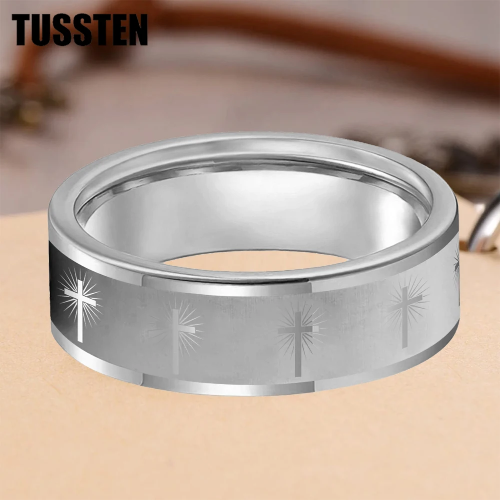 Dropshipping TUSSTEN 6/8MM Beveled Matte Tungsten Ring Laser Engraved Luminous Cross For Comfortable Fit