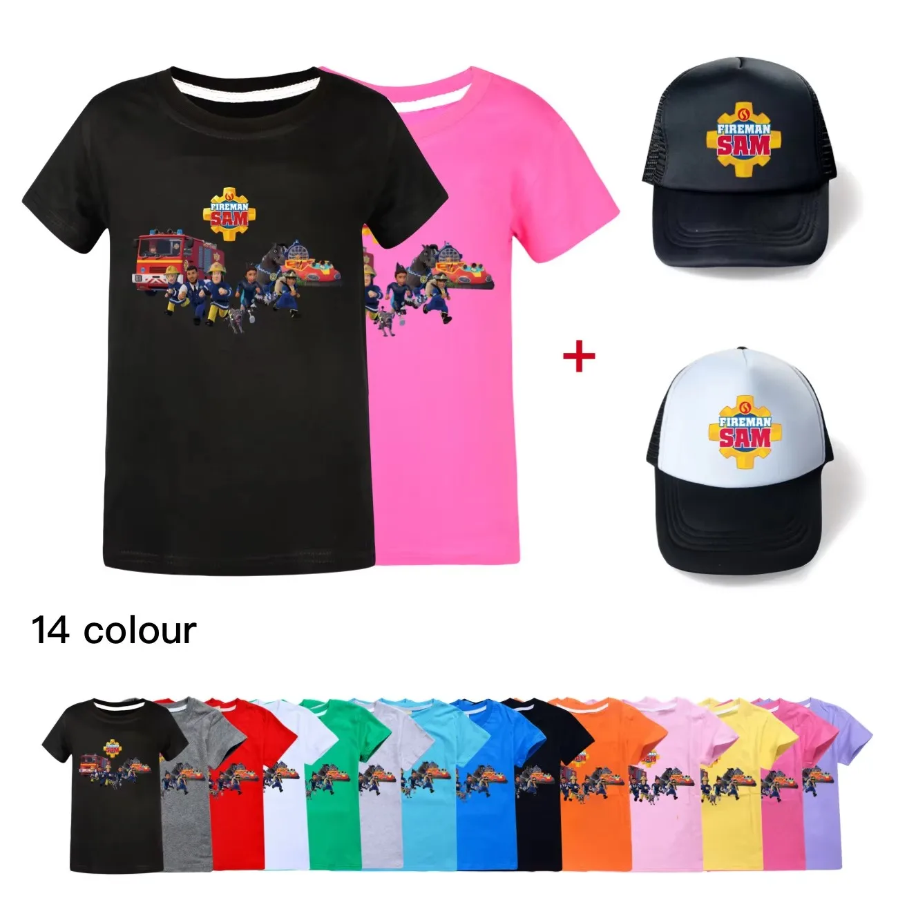 

New FIREMAN SAM T Shirt Children Kawaii Cartoon 3D T-shirt For Boys Girls Kids Clothing Unisex Short Sleeves+sun hat