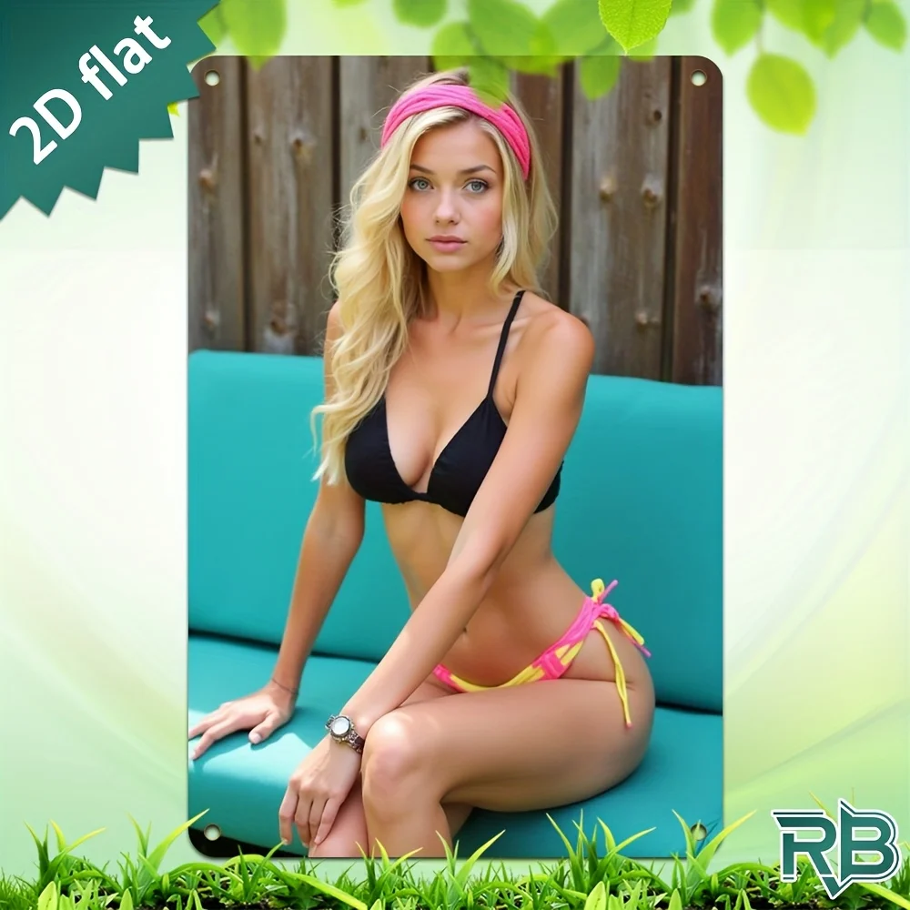 Vintage Metal Tin Sign Blonde Woman in Yellow Bikini Beach Portrait Wall Art Decor for Home Bar Cafe Bedroom