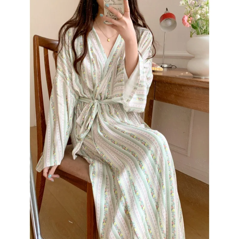 Korean Ins Kimono Robe Pajamas Female Spring Summer New Cotton Nightgown Ladies Spa Yukata Homewear Long Bathrobe Women