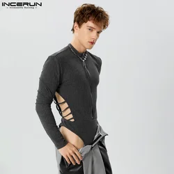 Sexy Fashion Men's Bodysuits INCERUN Zipper Side Waist Hollow Half High Neck Rompers Knitted Texture Long Sleeve Bodysuits S-3XL