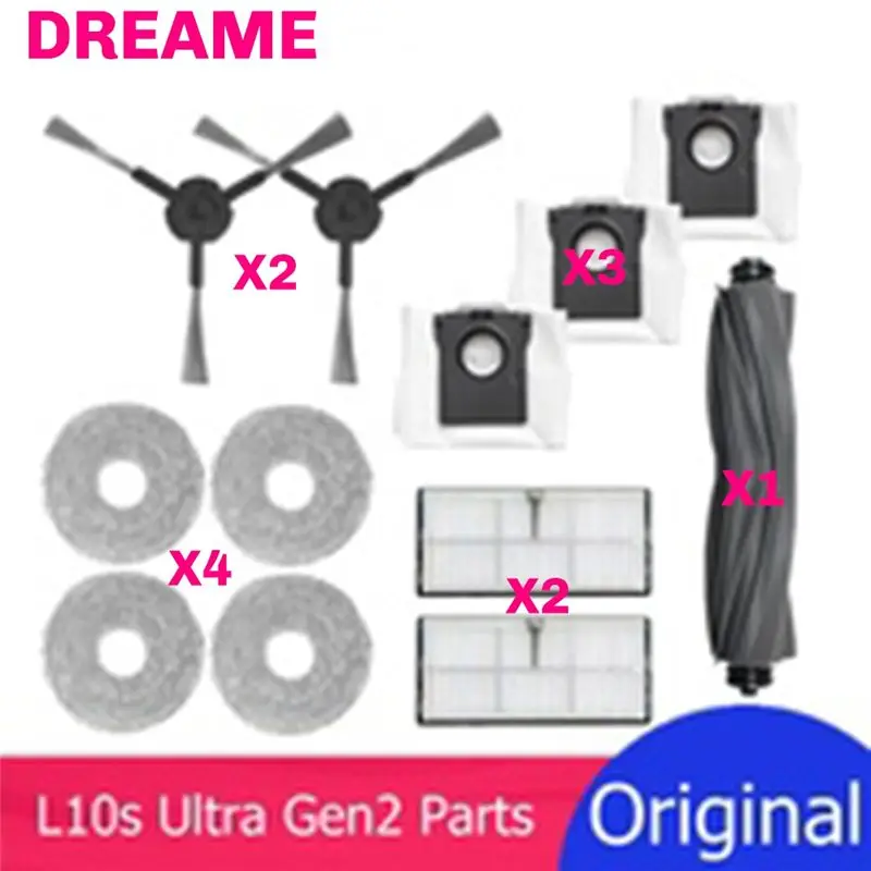 B59B Spare Parts Kit for Dreame L10s Ultra Gen 2, 1 Main Brush 2 Side Brushes 2 Filters 3 Dust Bags 4 Mop Cloths Robot Vacuum