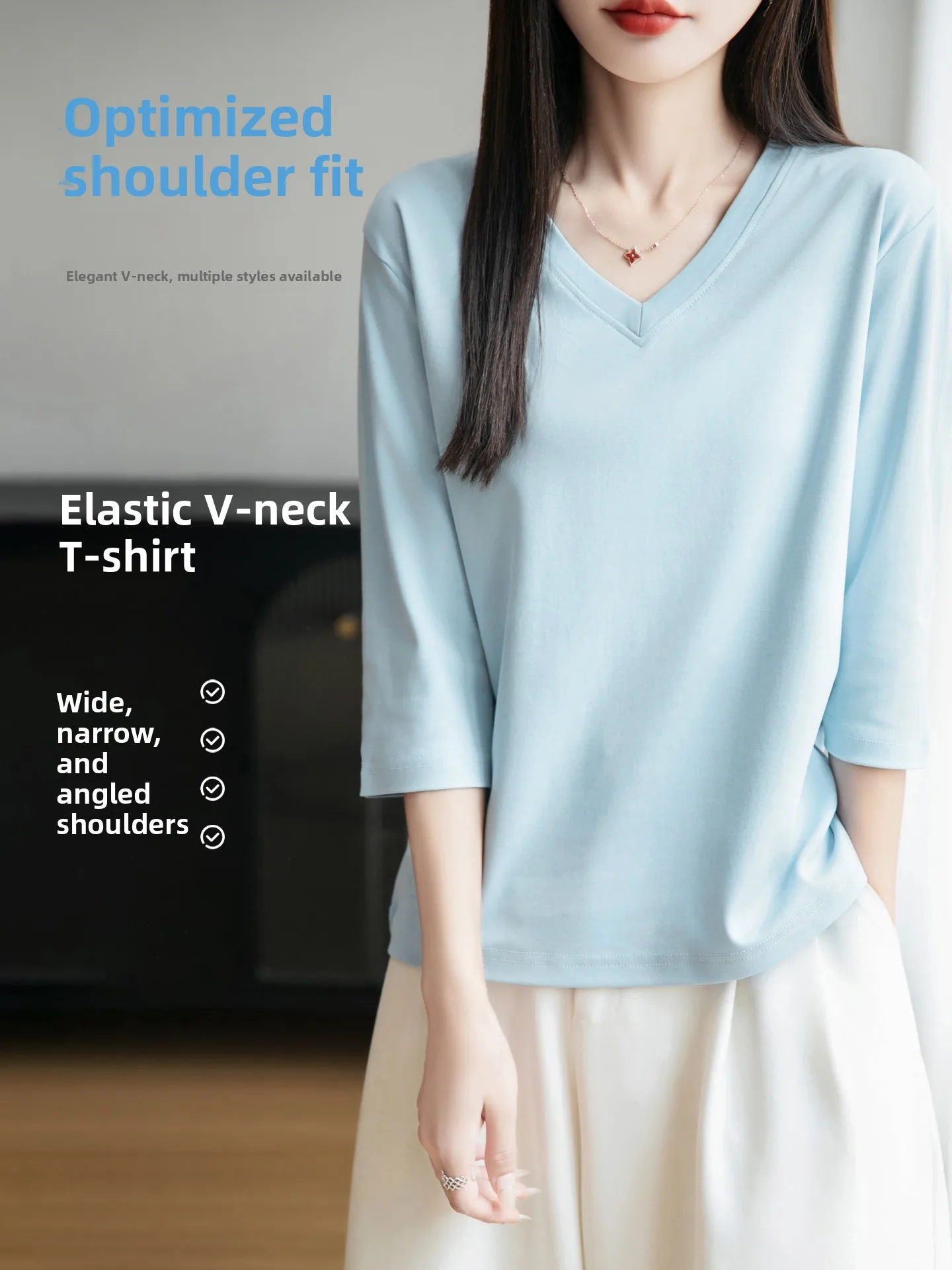 Loose Fit Pure Cotton V-Neck 3/4 Sleeve T-Shirt Women's Sweatshirt Fashionable Anti-Aging Cotton Top Thin Full Cotton Upper Body