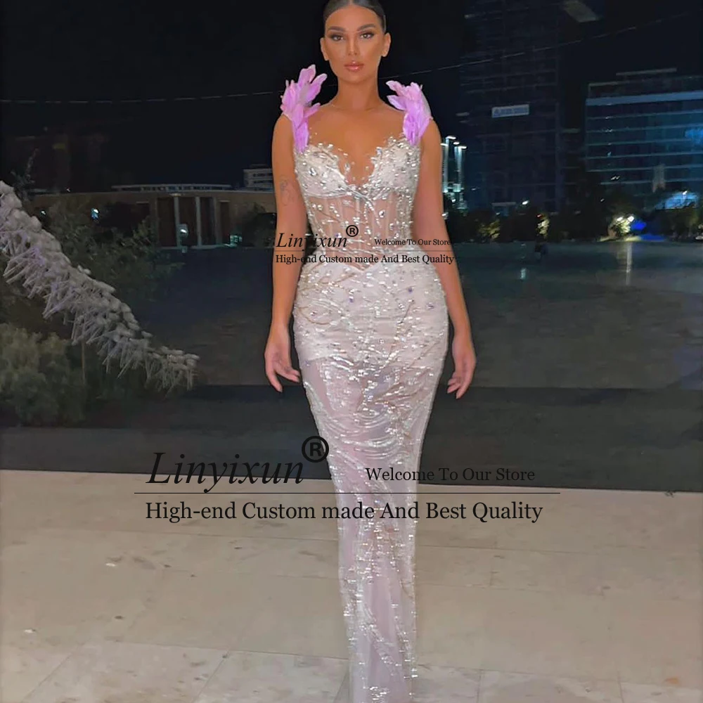 

Элегантные платья для выпускного вечера со стразами 2025, облегающее платье русалки с иллюзией, свадебные платья по индивидуальному заказу, платье с перьями и плечами, madrinha