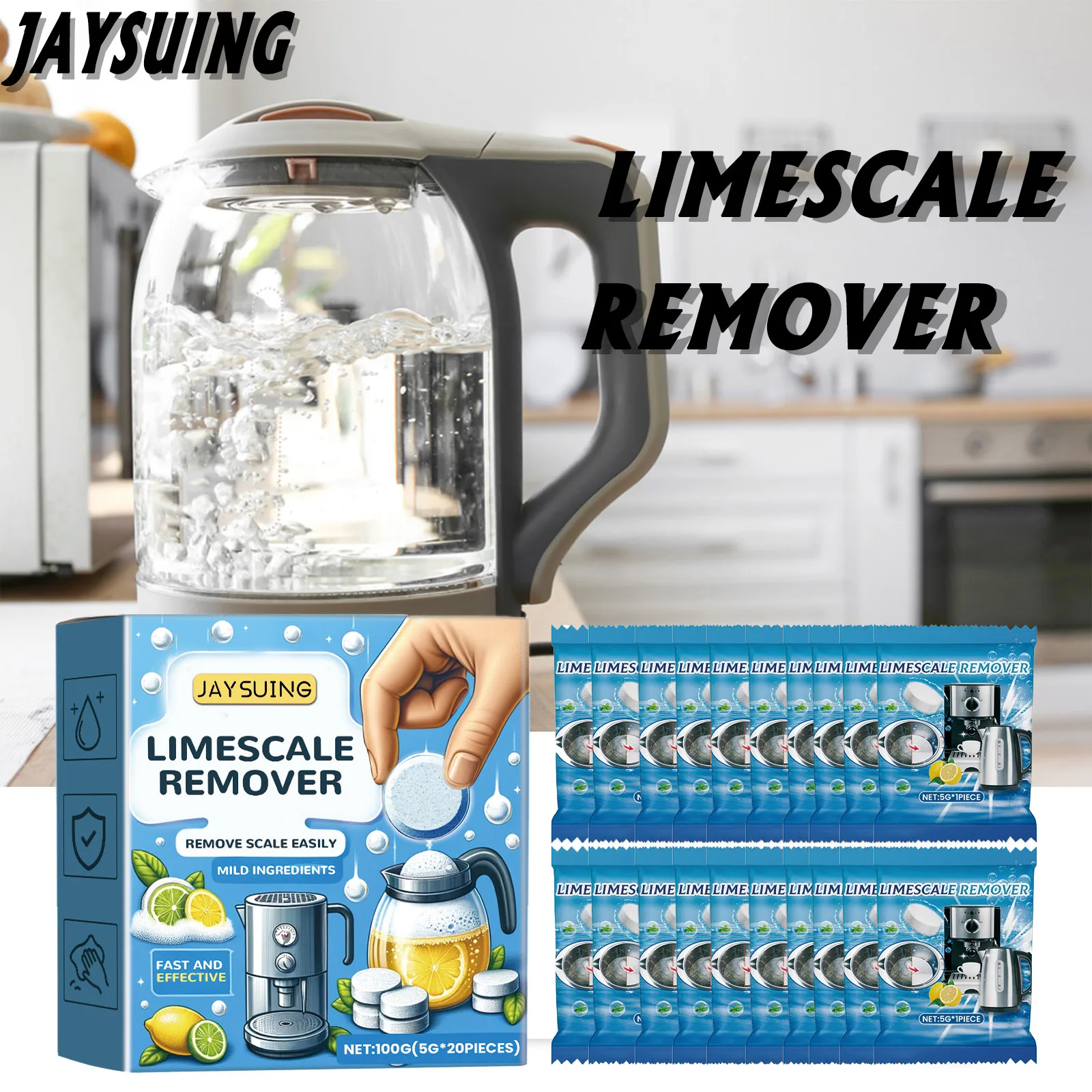 

Limescale Remover Quickly Dissolve and Remove Stubborn Scale Eliminate Odor Lemon Fragrance Kettle Cleaning Effervescent Tablets