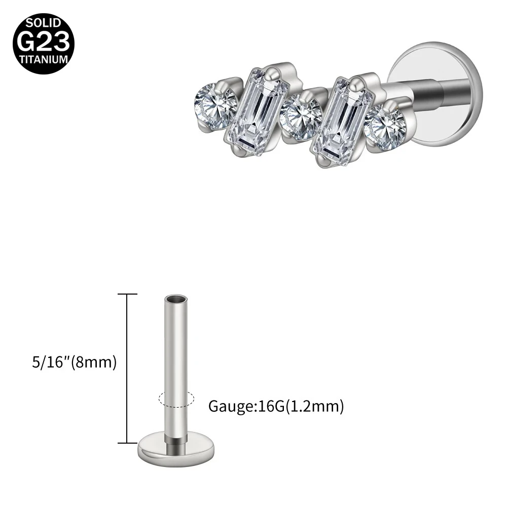 ASTM F136 Titanium 16G Baguette CZ Climber Stud Earring Cluster Cartilage Helix Labret Stud Piercing Body Jewelry