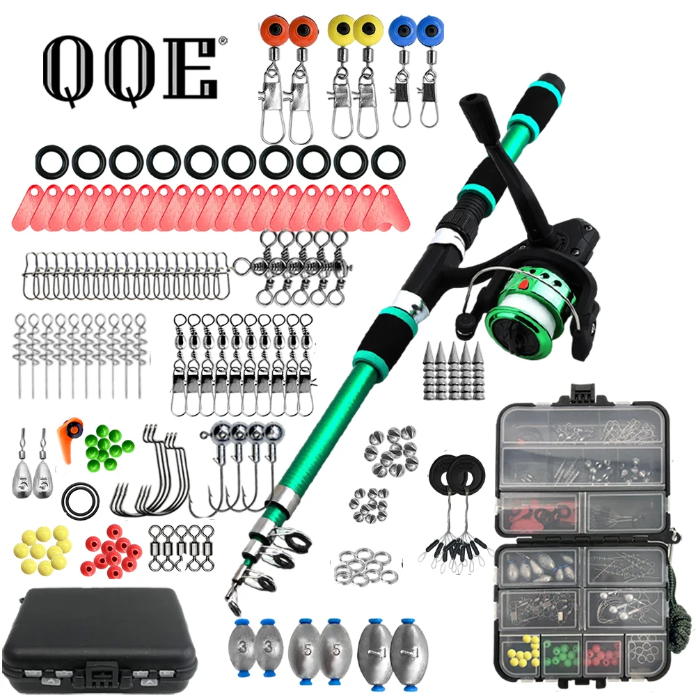 QQE 1.8M Telescopic Fishing Rod Travel Kit with Spinning Reel, Lures, Hooks Portable Outdoor Combo for Easy Freshwater Fishing